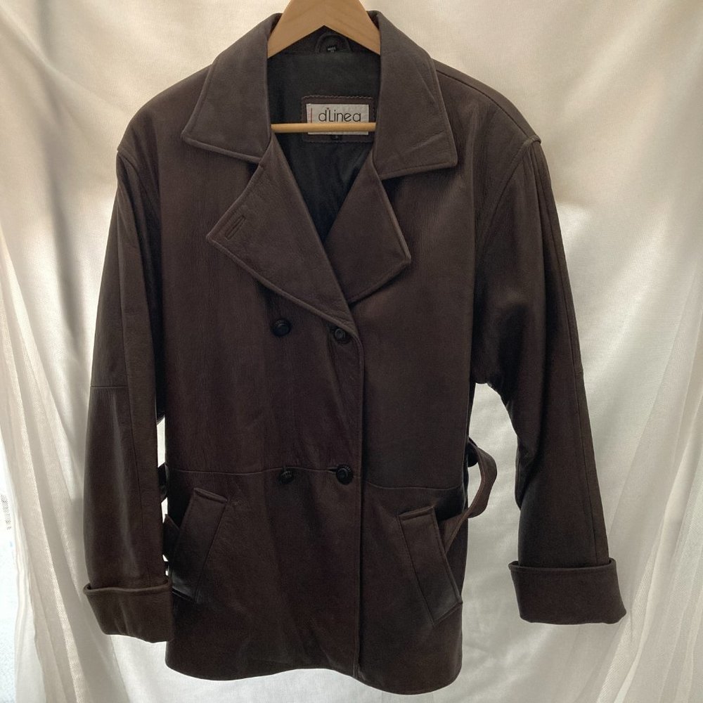 Leather jacket women coat Brown Thigh length Tie Belt Size S Good condition